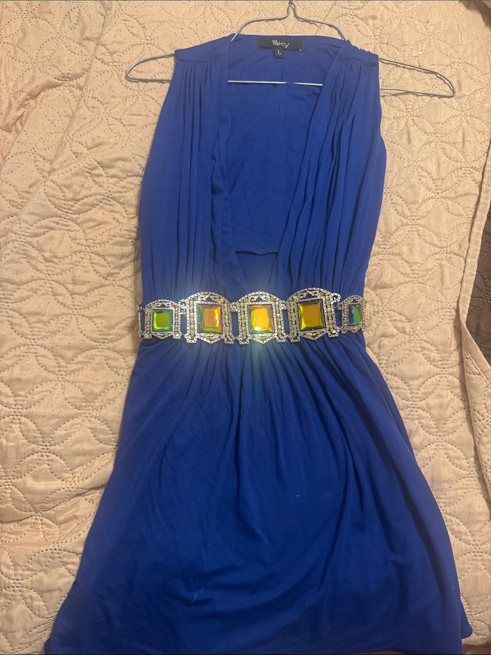 Sky Cobalt One-Shoulder Evening Dress with Jeweled Waist